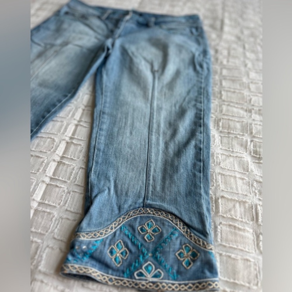 FLAVIO CASTELLANI Jeans Colorful Italian Embroidery Blue Turquoise Size 6 EU42